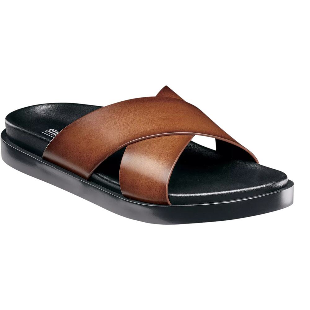 Stacy Adams Brown Leather Crisscross Slide Sandal with Black Sole